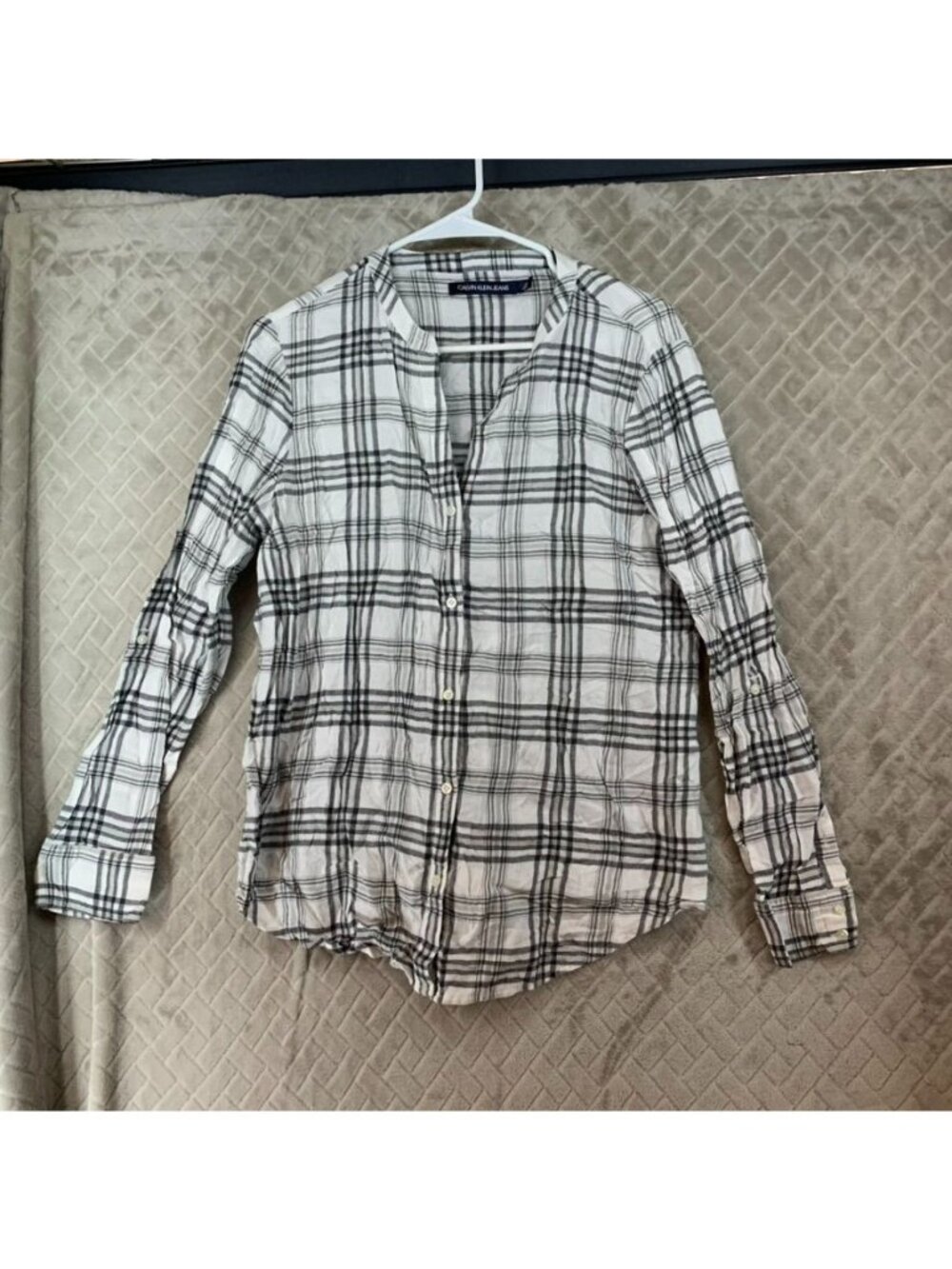 Calvin Klein Shirt Womens L White Plaid Flannel Button-Up Cotton Long Sleeve